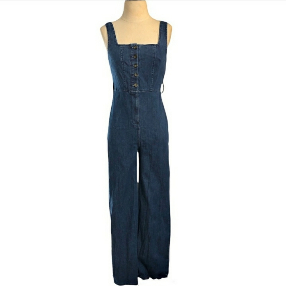 ARIZONA JEANS CO. Retro Flare Leg Dark Denim Jumpsuit Size XSEUC!